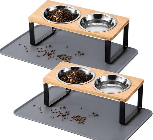 Upgraded Elevated Cat Bowls with Food Mat,15°Tilted Stand Anti Vomiting Raised Cat Dishes for Food and Water,2 Stainless Steel Bowls for Cats and Puppy in Kuwait