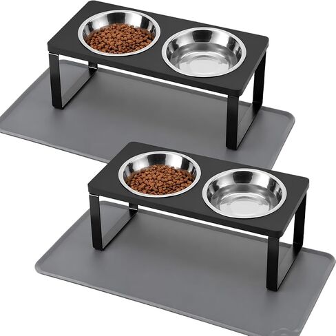 Upgraded Elevated Cat Bowls with Food Mat,15°Tilted Stand Anti Vomiting Raised Cat Dishes for Food and Water,2 Stainless Steel Bowls for Cats and Puppy in Kuwait