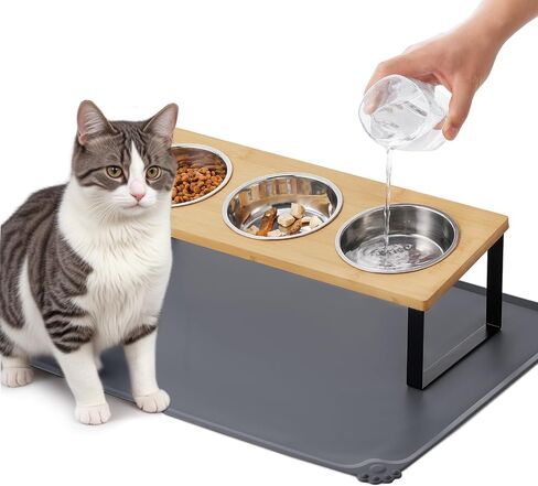 Upgraded Elevated Cat Bowls with Food Mat,15°Tilted Stand Anti Vomiting Raised Cat Dishes for Food and Water,2 Stainless Steel Bowls for Cats and Puppy in Kuwait