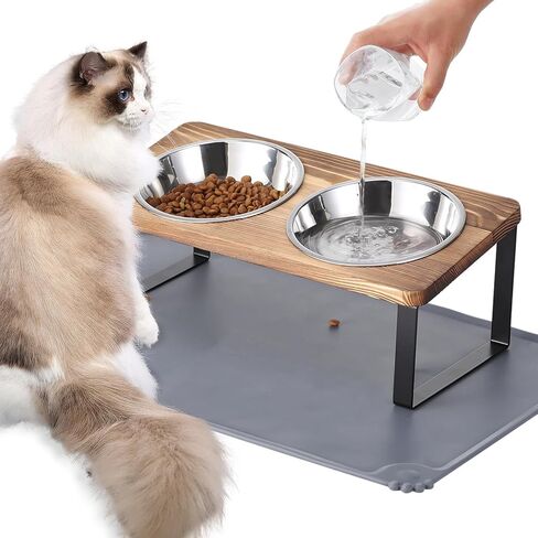 Upgraded Elevated Cat Bowls with Food Mat,15°Tilted Stand Anti Vomiting Raised Cat Dishes for Food and Water,2 Stainless Steel Bowls for Cats and Puppy in Kuwait