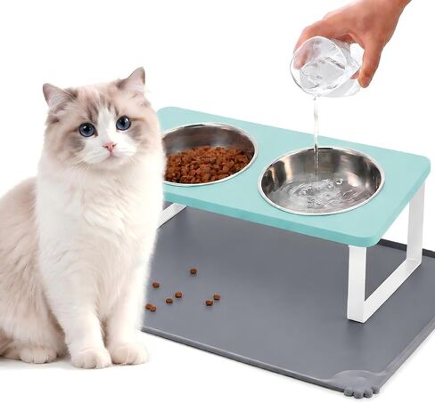 Upgraded Elevated Cat Bowls with Food Mat,15°Tilted Stand Anti Vomiting Raised Cat Dishes for Food and Water,2 Stainless Steel Bowls for Cats and Puppy in Kuwait
