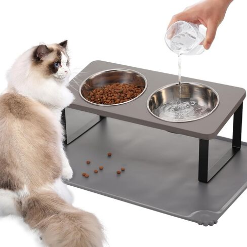 Upgraded Elevated Cat Bowls with Food Mat,15°Tilted Stand Anti Vomiting Raised Cat Dishes for Food and Water,2 Stainless Steel Bowls for Cats and Puppy in Kuwait