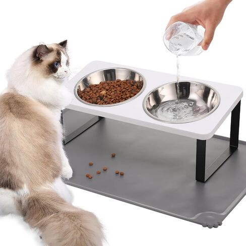 Upgraded Elevated Cat Bowls with Food Mat,15°Tilted Stand Anti Vomiting Raised Cat Dishes for Food and Water,2 Stainless Steel Bowls for Cats and Puppy in Kuwait