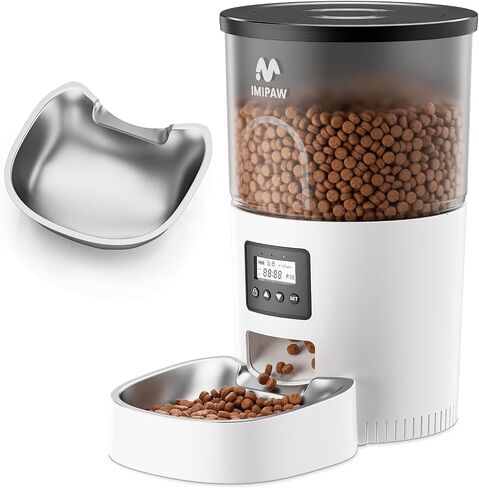 IMIPAW Automatic Cat Feeders, Timed Cat Dry Food Dispenser with Desiccant Bag, Dual Power Supply, Programmable Portion Size, 6 Meals, 20 Portions Per Day, Auto Pet Feeder for Cats and Small Dog, White in Kuwait