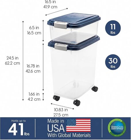 IRIS USA Dog Food Storage Container, Up to 30+11 lbs, Navy, Made in USA in Saudi Arabia