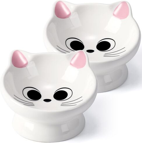 Raised Cat Food Bowl Ceramic 15° Tilted Cat Food Bowls Protect Cat's Spine Anti Vomiting Backflow Prevention Bowls for Adult Kitty, Kitten, and Small Dogs, Pink in Kuwait