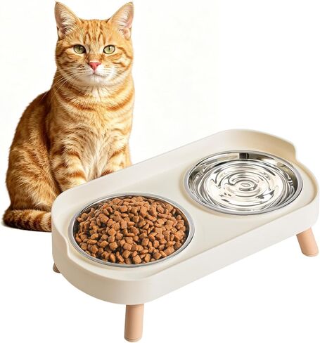 LoeJan Elevated Cat Bowls Set - Raised Cat Food and Water Bowl Set with Non Slip Stand - Pet Feeding Station with 2 Stainless Steel Bowls with Splash Proof Guard in Saudi Arabia