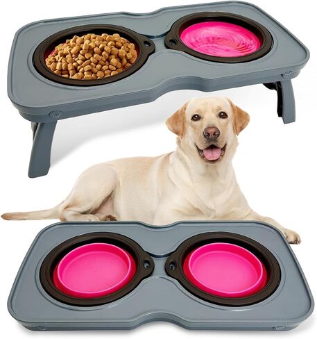 PINVNBY Elevated Portable Dog Bowl, Travel Raised Stand with Collapsible Silicone Double Diner Bowls Non-Slip Food and Water Bowls Holder for Small Dogs and Cats - 14.6" L x 7.5" W x 3.9" H in Kuwait