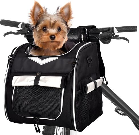 Dog Bike Basket, Foldable Pet Bike Carrier Backpack with Safety Strap, Waterproof Pet Bike Basket Suitable for Small Cats Kitten Puppy Dogs （New Black） in Kuwait