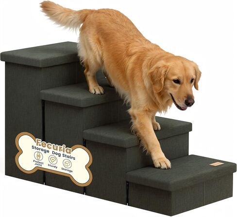 4-Step Wide Dog Stairs with Hidden Storage 23" H, Non-Slip Dog Steps for High Bed Couch Car, Jiont-Friendly Pet Stairs Ramp for Small/Medium/Large Old Dogs Cats Up to 220lbs, Beige&Coffee Lid in Kuwait