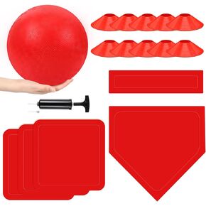 Hiboom 16 Pcs Sports Kickball Set Includes 10 Inches Playground Ball 5 Rubber Throw Down Bases Ball Pump 10 Foul Line Cones for Kids Adults Playground School Backyard Game Camps Picnic