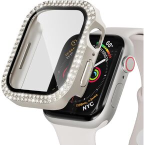 Bling Case for Apple Watch 45mm Screen Protector Series 9/8/7, Women Glitter Diamond Crystal Rhinestone Hard PC Cover Bumper Protector Cover for iWatch Accessories 45mm, Starlight