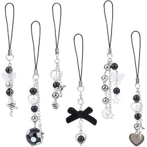 GOMAKERER 6 Pcs Punk Phone Charms, Black Acrylic Heart Moon Key Star Bow Phone Charms Straps Phone Case Charms String Acrylic Bead Mobile Straps Accessories Decoration