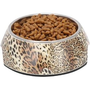 Pet Feeding Bowl, Stainless Steel Dog Bowls Double Wall Dog Food and Water Bowl with Rubber Base for Small Medium Sized Dogs or Cats(L for Leopard