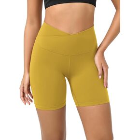 ODODOS Cloud Feeling Crossover Yoga Shorts with Back Pocket for Women, 6" / 8“ V High Wasit Lounge Biker Shorts