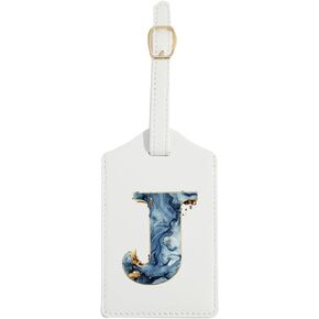Initial Luggage Tag, Monogram Baggage Tag, PU Leather Suitcase Tag, Travel Tag, Name Tag, ID Tag, Baggage Identification tag (White Leather+Blue Marble Letter, A Letter)