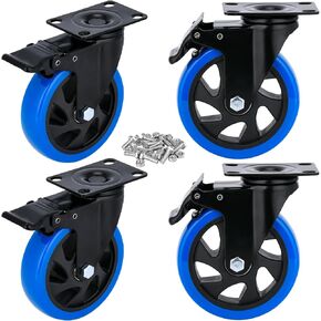 5" Casters Wheels Casters Set of 4 Heavy Duty Blue Polyurethane Castors Top Plate Swivel Wheels 4-Pack Industrial Casters with Brake Casters for Furniture Workbench in Saudi Arabia