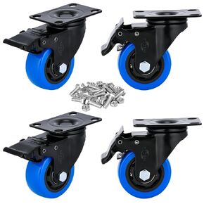 5" Casters Wheels Casters Set of 4 Heavy Duty Blue Polyurethane Castors Top Plate Swivel Wheels 4-Pack Industrial Casters with Brake Casters for Furniture Workbench