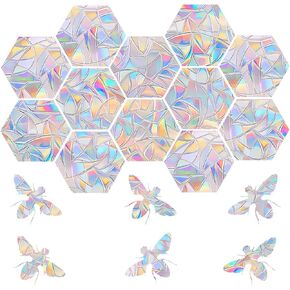 16 Pieces Hexagons and Bee Window Clings - Anti-Collision Window Decals to Save Birds from Window Collisions,Non Adhesive Reusable Vinyl Rainbow Window Stickers