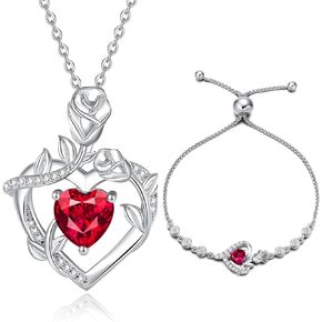 AGVANA July Birthstone Jewelry Ruby Necklace Bracelet for Women Sterling Silver CZ Rose Flower Heart Pendant Mothers Day Gifts for Mom Anniversary Birthday Gifts for Girls Her
