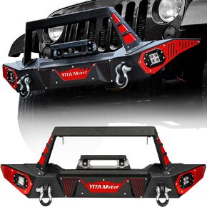YITAMOTOR Front Bumper Compatible with Jeep Wrangler 2007-2018 JK & JKU Unlimited (2/4 Doors) w/LED Light & 2 x D-Rings & Winch Plate & Fog Holes