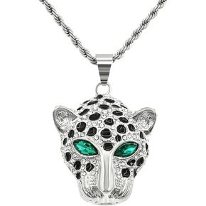 CZ Fully Roaring Tiger Head With Green Eyes Pendant Punk Rock Stainless Steel Necklace Iced Out Chain Tiger Pendant Necklace For Boys Men Hip Hop Animal Stainless Steel Jewelry 24 Inch Chain