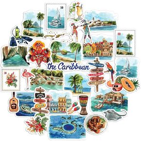 Navy Peony Caribbean Paradise Travel Stickers (31pcs) - Watercolor, Waterproof Tropical Cruise Decals for Journals, Scrapbooks, Water Bottle, Suitcase