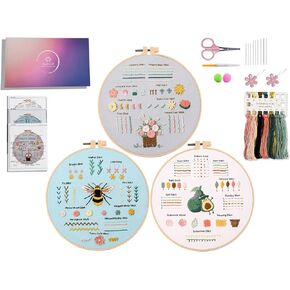 Jyphorixal Embroidery Kit for Beginners Adults Cross Stitch Starter Kit Needle Point Supplies 28 Basic Stitches in 3 Set