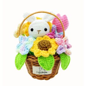 Sunflower Handmade Crochet Flowers,Handwoven Flower Girl Basket Cute Rabbit Sunflower Daisy Flower Basket Crochet Artificial Flower Knitted Flower Sunflower Wedding Flower Basket with Handle