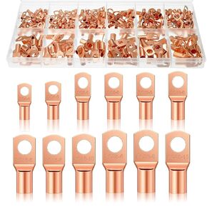 Ferraycle 200 Pieces Copper Battery Wire Lugs 12 Sizes Battery Cable Ends Eyelets Tubular Ring Terminal Connectors for Automotive Supplies