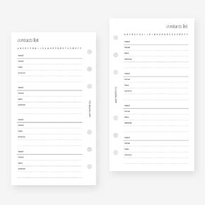 Personal Contacts List Planner Insert Agenda Refill for Filofax Personal, LV MM sized 6 ring agendas, 3.75 x 6.75