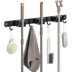 JAMEND CLXP Broom Hanger and Mop Holder, Heavy Duty Garden Tool Organizer Rack Rake and Shovel Handle, Stainless Steel Wall Mounted Utility Rack with Screws (3 Racks with 4 Hooks, Matte Black).