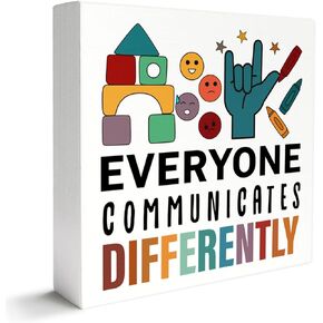 Autism Decor Wooden Box Sign, Autism Awareness Classroom Home Office Desk Decor Kids Autism Decoration, Everyone Communicates Differently, Autism Awareness Month Gifts