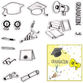 Threetols Graduation Clear Stamps for Card Making, Flower Ballons Words Clear Rubber Stamps Graduation Hat Stamps for Holiday Card Making Decor DIY Scrapbooking Transparent Album Decor Paper Craft
