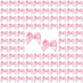 WANDIC Decorative Polyester Bow with Pearl, 100 Pcs Pink Mini Satin Ribbon Bowknot Twist Tie Bows Premade Bows for Wedding Favors Decor Gift Wrap DIY Craft