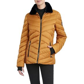 HFX Women's Short Puffer Jacket with Faux Fur Trimmed Hood, Water Resistant