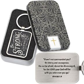 Christian Art Gifts Keychain w/Matching Gift Tin | Be Strong & Courageous Joshua 1:9 Bible Verse Faith Split Metal Ring Keychain Accessory for Women and Men