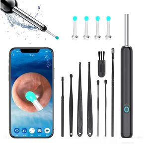 Ear Wax Removal - Earwax Remover Tool with 8 Pcs Ear Set - Ear Cleaner with Camera - Earwax Removal Kit with Light - Ear Camera with 4 Ear Spoon - Ear Cleaner for iOS & Android (Black)