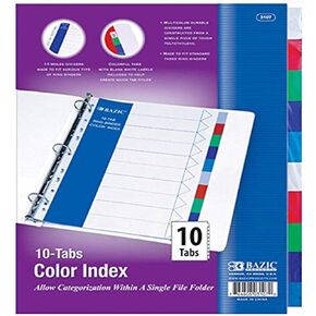 Bazic 3 Ring Binder Tabs with 10 Dividers, 9.5 x 0.1 x 12.3 Inches, Multi-Color Tabs, (1 Set), (3107)