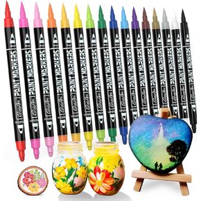 16 Colors Acrylic Paint Pens, Dual Tip Paint Markers with Medium Tip and Brush Tip for Wood,Rock Painting,Plastic,Canvas,Fabric,Glass,Mugs,Card Making,DIY Project, Art Supplier