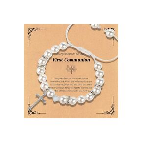 Communion Gifts for Girls -Handmade Pearl Cross Bracelet First Communion,Baptism,Confirmation Gifts Pink Catholic Christian Bracelet Jewelry Sweet Gifts for Daughter Granddaughter (pink-heart)