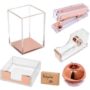 Clear Rainbow Acrylic Office Desk Stapler Scissors, Tape Dispenser, Sticky Notes Holder, Pen Holder Pencil Cup, 5 in 1 Office Supplies Set Desktop Organizer Decor for Women