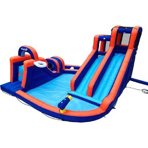 HapCap 13.8 ft x 13.5 ft Inflatable Water Slide,Obstacle Course Bounce House with Three Water Slides,2 Climbing Walls,Tunnel,Obstacle Bar,Heavy-Duty for Outdoor Backyard,with 680W Air Blower.