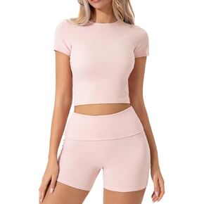 QINSEN Women's 2 Piece Outfits Lounge Sets Slim Fitted Short Sleeve Crop Tops Fold Over Shorts Casual Comfy Trasuits