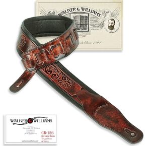 Walker & Williams GB-126 Bourbon Brown Padded Guitar Strap Texas Stars & Skulls