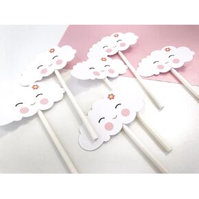 Cloud Cupcake Toppers 12pcs - Smiley Face Cake Picks, Pink Baby Shower, 1st Birthday Party Decorations Supplies