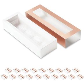 20 Rose Gold Truffle Box, Chocolate Box Packaging, Candy Boxes with 4-Piece Plastics Tray (Tray Size with 5.75x2.75 Inches), Pull Out Packing with Clear Window Sleeves