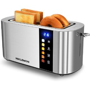 4 Slice Toaster, NIKLEMON Full Stainless Steel Toaster with LED Display, Touch Buttons with Long Extra Wide Slots, Bagel, Defrost, Reheat, Cancel Functions, Removable Crumb Tray, 1300W