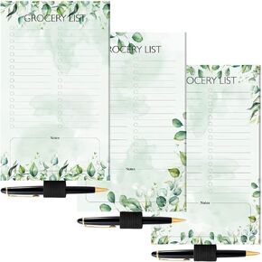 3 Pack Magnet Grocery List Pad for Fridge 7.5 x 4.5 Inch Grocery List Magnetic Notepads for Refrigerator 135 Sheets Shopping List Memo Magnetic Note Pad to Do List Pen Holder Office Gift(Eucalyptus)