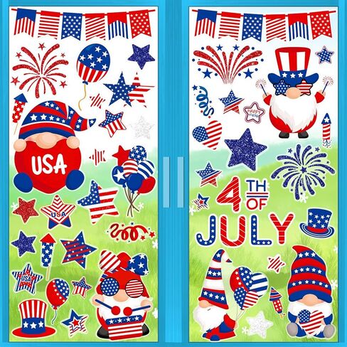 4th of July Window Clings Patriotic Window Clings Stickers Glitter Veterans Day Window Decals Patriotic Independence Day Decorations Red White Blue 6 Sheets in Saudi Arabia